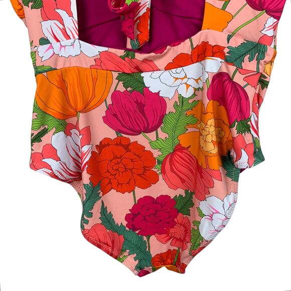 Trina Turk Sunny Bloom Ruffle Neck One Piece Swimsuit Pink Floral Women's 10 - Picture 8 of 10